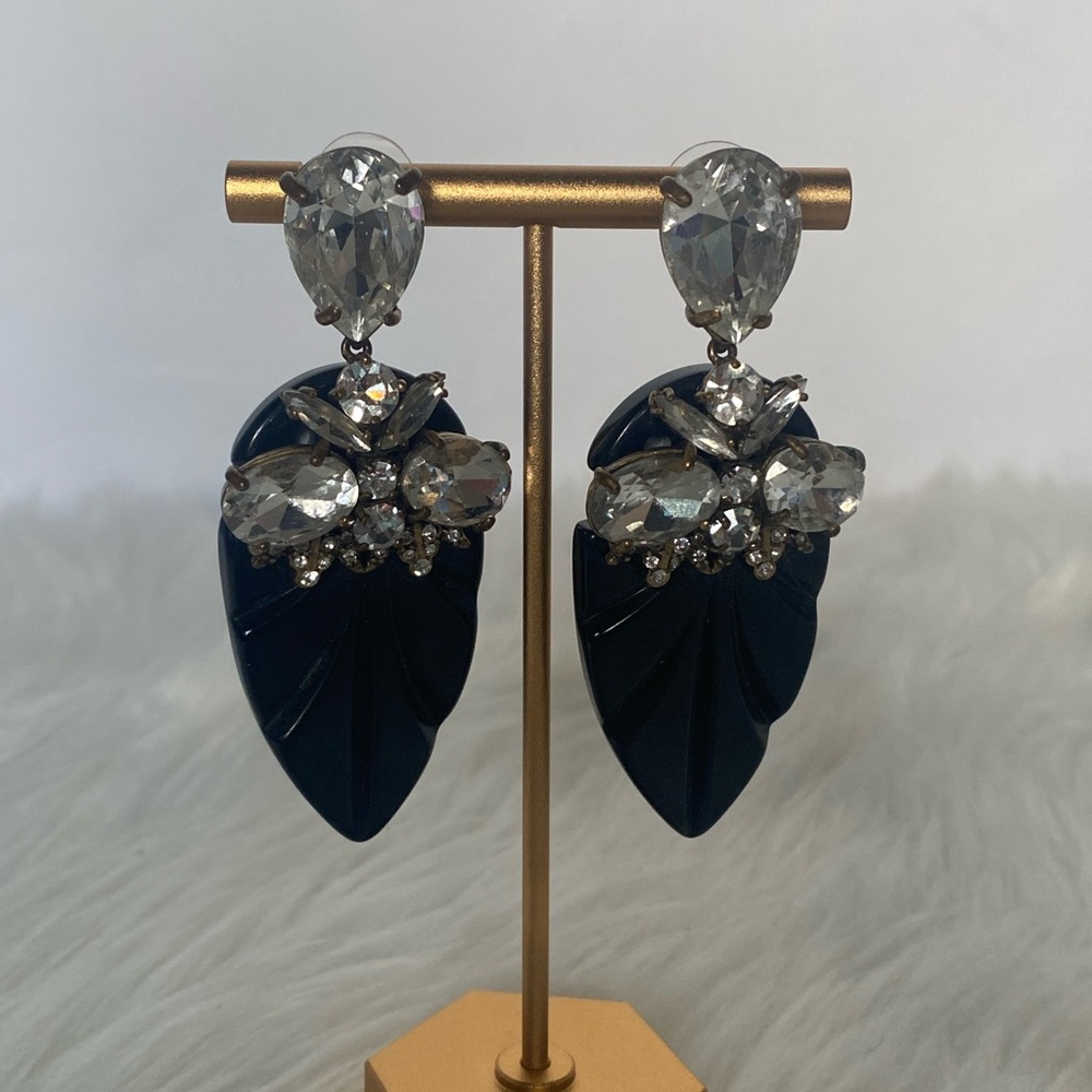 J.Crew Clear Crystal Black Acetate Statement Drop Earrings.